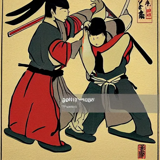 Prompt: two Japanese samurai fighting