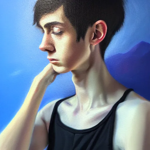 Prompt: A portrait of a scrawny stylish and alluring non-binary person, oil painting, majestic, detailed, high resolution