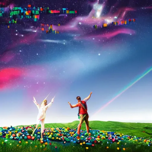 Prompt: hyperpop art of a bucolic landscape with two hikers shattering into millions of brightly coloured Smarties towards the heavens, cinematic shot