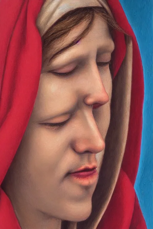 Prompt: hyperrealism portrait of crying virgin mary, red tears, in style of classicism, hyper detailed