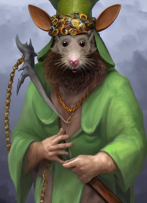 Image similar to antropomorphic rat with beard and human eyes, wearing jewelry, tricorne hat, green robe, d & d, digital art, detailed face, highly detailed, trending on artstation, 4 k, sea in the background