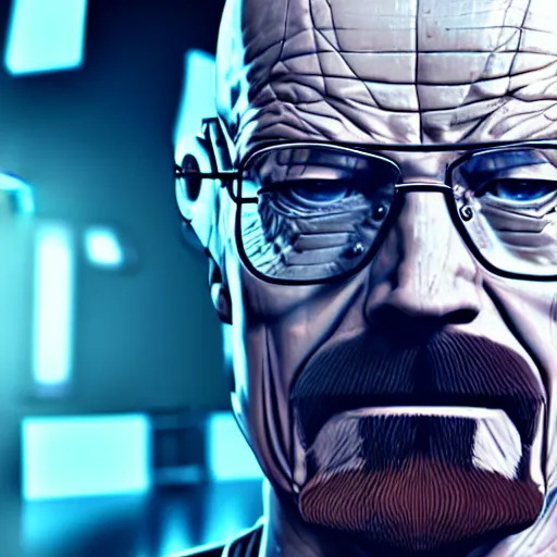 Image similar to Walter White in cybernetic battle armour, 4k octane render, highly detailed