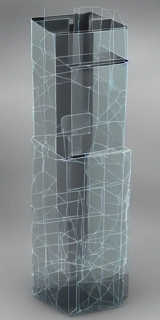 Prompt: bioremediation vertical box made of glass in the nothingness, cyber space, dark atmosphere