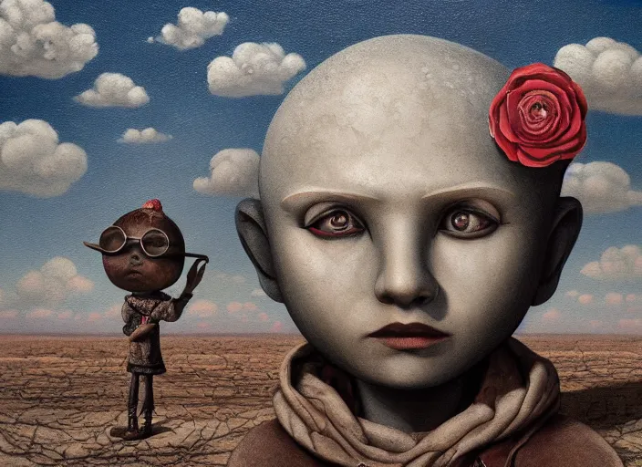 Image similar to a forgotten garden gnome in a vast barren desert, hopeless wasteland background with a relentless raging sun overhead, an ultrafine detailed painting by mark ryden, trending on deviantart, pop surrealism, whimsical, lowbrow, perfect symmetrical face