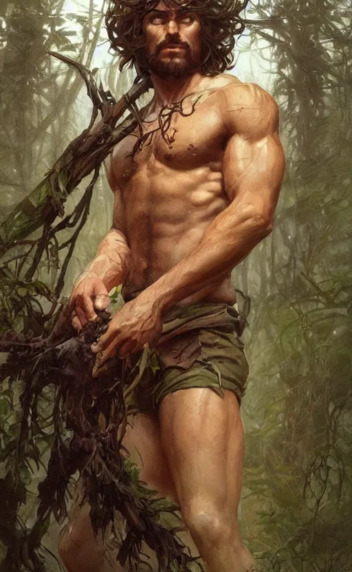 Prompt: god of the forest, 30 years old, rugged, male, gorgeous gorgeous gorgeous, detailed face face face face, amazing, thighs thighs thighs thighs, muscular, intricate, highly detailed, digital painting, artstation, concept art, sharp focus, illustration, art by greg rutkowski and alphonse mucha