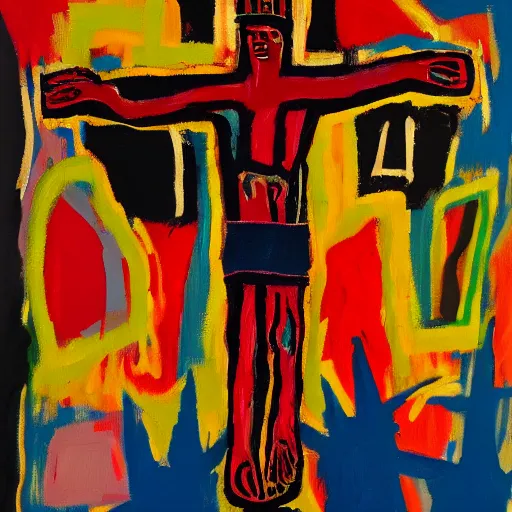 Image similar to oil painting of Jesus on the cross in the style of Basquiat, 8k