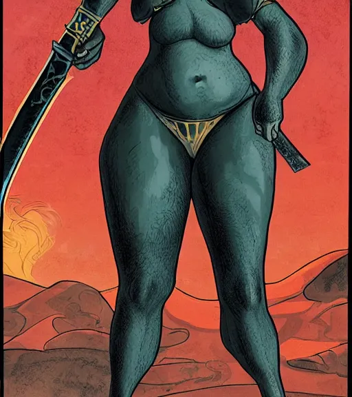 Prompt: 1 9 8 0 s fantasy novel book cover, bbw plus size amazonian sophie turner in extremely tight bikini armor wielding a cartoonishly large sword, exaggerated body features, dark and smoky background, low quality print