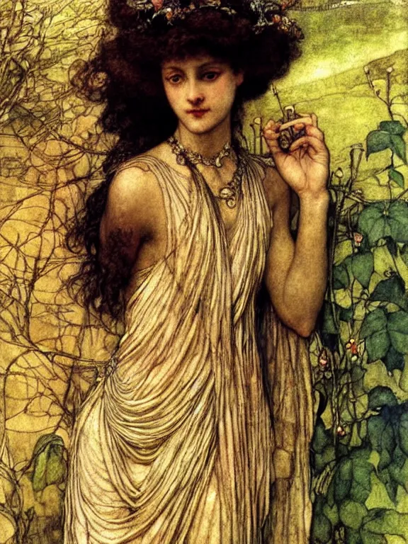 Image similar to Goddess. Extremely high detail, details, realistic, masterpiece, colorful. Portrait painting by Arthur Rackham, Muzinabu, Eugene de Blaas, Frederic Leighton