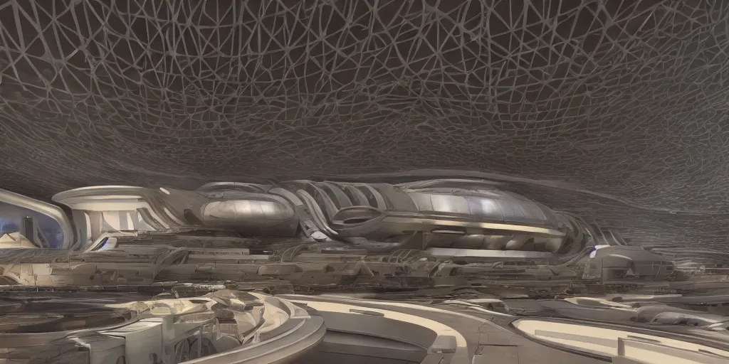 Prompt: cinematic still of hyper detailed hard surface modelled realistic afro futurist, spaceport designed by frank lloyd wright architect, deep perspective, wide angle, hyper detailed and intricate, concept art