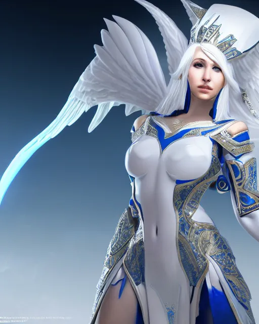 Image similar to perfect white haired egyptian goddess wearing white dove wings, warframe armor, regal, attractive, ornate, sultry, beautiful, ice queen, half asian, pretty face, blue eyes, detailed, scifi platform, 4 k, ultra realistic, volumetric lighting, illuminated, cinematic, masterpiece, art by akihito tsukushi, voidstar