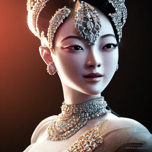 Image similar to portrait of wonderful asian princess of white diamond with fair skin, ornate with white diamonds, 8 k, gorgeous, intricate, detailed, glowing white accent lighting, dramatic lighting, octane render