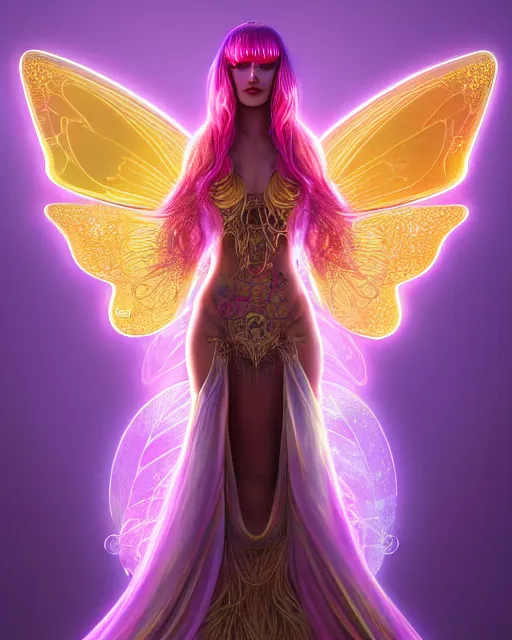 Image similar to portrait, stunningly beautiful female faerie priestess in amanita muscaria forest landscape, symmetrical wings on back, neon hair, wearing a dress of gossamer gold, inner glow, illustration, dramatic lighting, soft details, painting, art nouveau, octane render, 8 k, hd, by brom, faces by otto schmidt