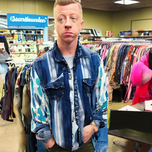 Prompt: Macklemore looking exasperated at Goodwill