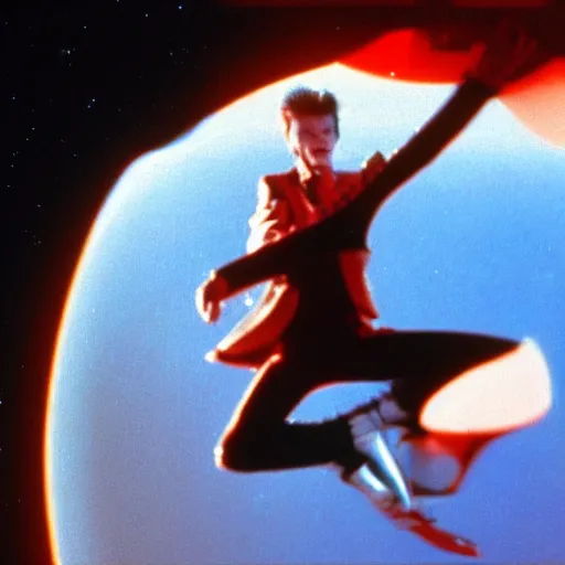 Image similar to david bowie performing on top of a spaceship in space