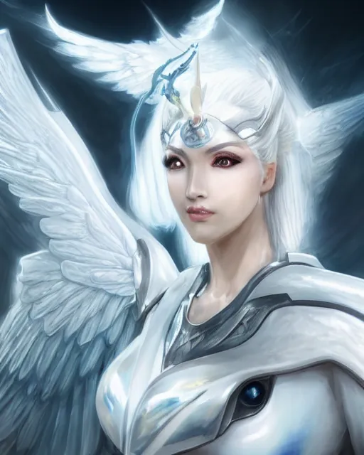 Image similar to perfect white haired egyptian goddess with huge white dove wings, warframe armor, attractive, beautiful, symmetric, dreamy, half asian, pretty face, blue eyes, detailed, scifi platform, laboratory, experiment, 4 k, hyper realistic, epic lighting, android body, illuminated, cinematic, masterpiece, art by akihito tsukushi, voidstar