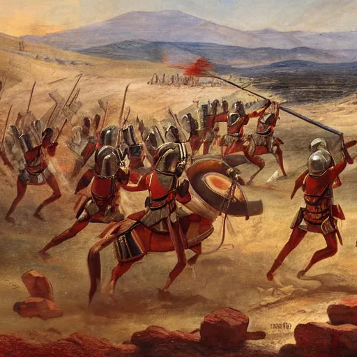 Prompt: painting of a roman legion in a battle with the carthaginian army on mars