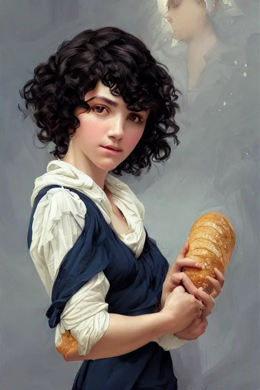 Image similar to beautiful cottagecore of a girl with short black curly hair, round face, cute face, holding a loaf of bread. intricate, elegant. highly detailed, digital painting, artstation, concept art, smooth, sharp, focus, illustration. . art by artgerm and greg rutkowski and alphonse mucha