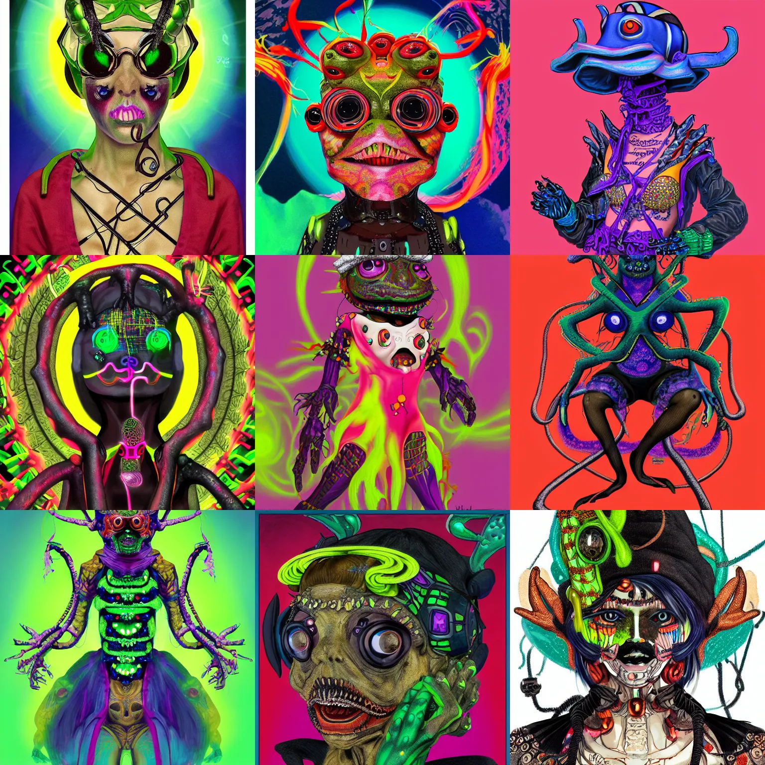 Prompt: a detailed portrait of a fashionable ancient cultist demon toad wearing a cyberdelic cybergoth outfit the style of william blake and norman rockwell, kubrick, futurism, vibrant color scheme, crisp, artstationhd