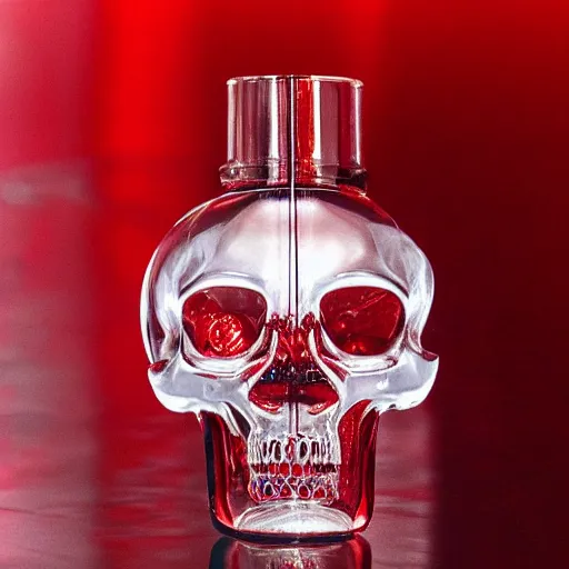 Prompt: transparent red liquid dripping inside in a transparent skull, alexander mcqueen