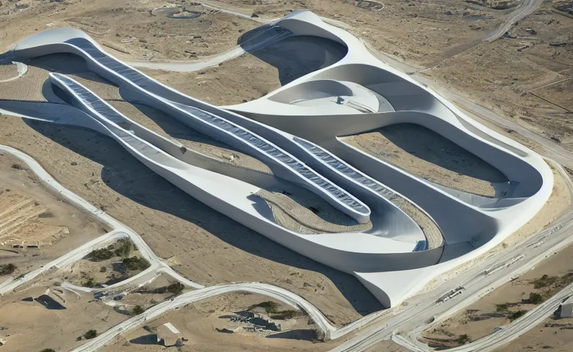 Image similar to parametric structure, medical complex, in the desert beside the gulf, view from above, design by mad architect, dezeen, architectural photography