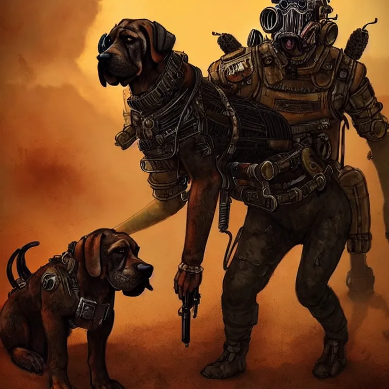 Image similar to a good ol'bloodhound pup fursona ( from the furry fandom ), heavily armed and armored facing down armageddon in a dark and gritty version from the makers of mad max : fury road. witness me.