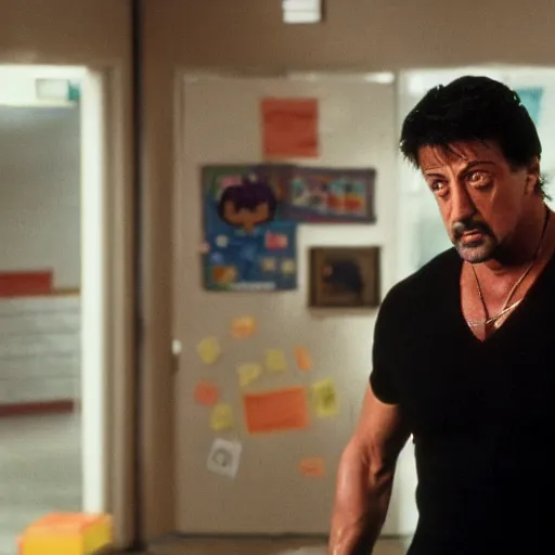 Prompt: silvester stallone in kindergartden cop, 4 k hd film still