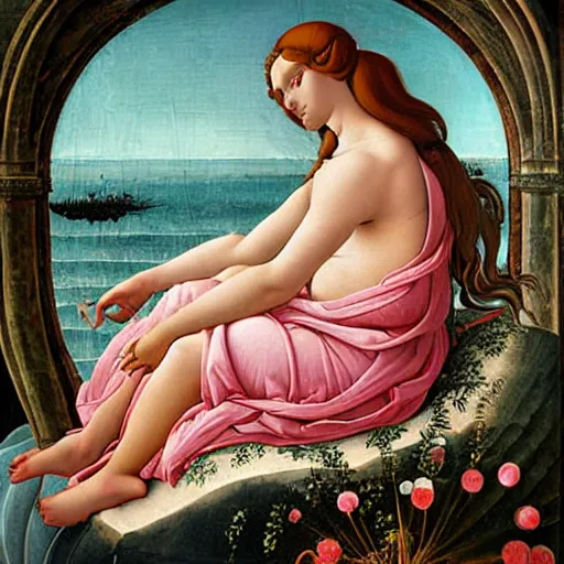 Image similar to an hyperrealistic mythological oil painting of venus with long brown hair, full body, wearing pink floral chiton, sleeping on a giant scallop shell, near the seashore, intricate lines, elegant, renaissance style, by sandro botticelli