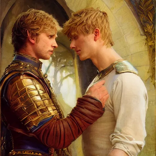 Image similar to attractive arthur pendragon confesses his love to attractive male merlin. highly detailed painting by gaston bussiere, craig mullins, j. c. leyendecker 8 k