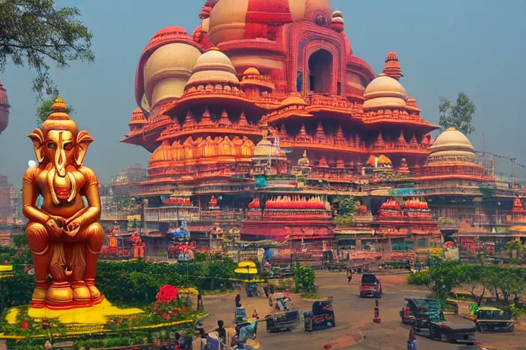 Image similar to beautiful futuristic new delhi, sharp sci - fi ganesha!! building, kalighat flowers, highly detailed cinematic, stephen shore & john j. park, soft morning light, wide shot, high angle, uhd 8 k, shallow depth of field