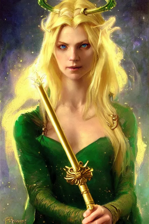 Image similar to blonde female wizard in a green victorian style dress, holding a magical sceptre, and wearing a gold ring portrait dnd, painting by gaston bussiere, craig mullins, greg rutkowski, yoji shinkawa