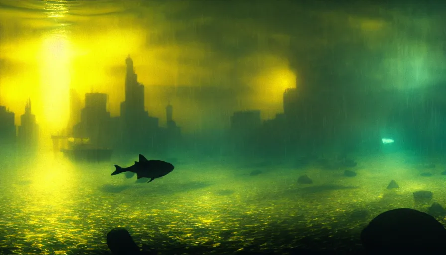 Image similar to a city underwater, landscape shot, small fish swimming around, yellow lights, by jmw turner, cold colors, highly detailed, moody lighting, octane render, 4 k, 8 k, ultrarealistic