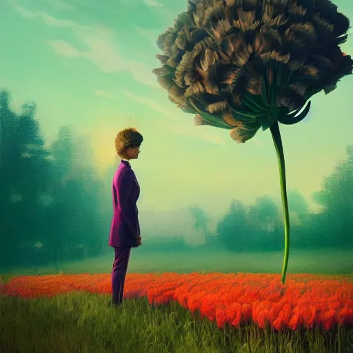 Image similar to giant carnation flower head, girl in suit, surreal photography, sunrise, dramatic light, impressionist painting, digital painting, artstation, simon stalenhag