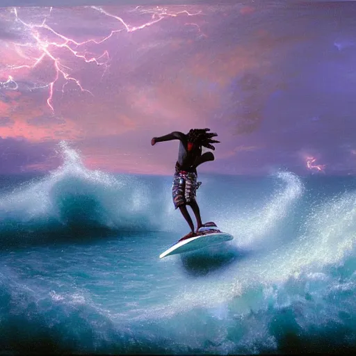 Prompt: a black boy with dreadlocks wakeboarding on a pink ocean in a violent thunderstorm, by h.r. giger and thomas kinkade oil on canvas, 8k