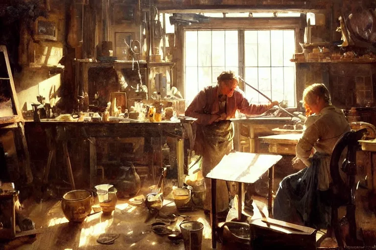 Image similar to oil painting of potter working on a beautiful piece in their workshop, art by anders zorn, wonderful masterpiece by greg rutkowski, beautiful cinematic light, american romanticism by greg manchess, jessica rossier and norman rockwell