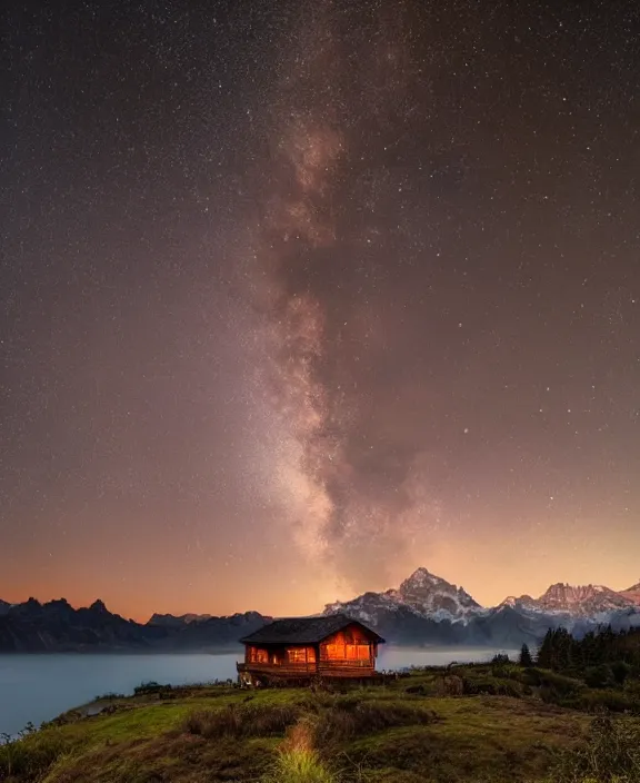 Image similar to amazing landscape photo of mountains with lakehouse at dusk by marc adamus, beautiful dramatic lighting, celestial nightsky stars