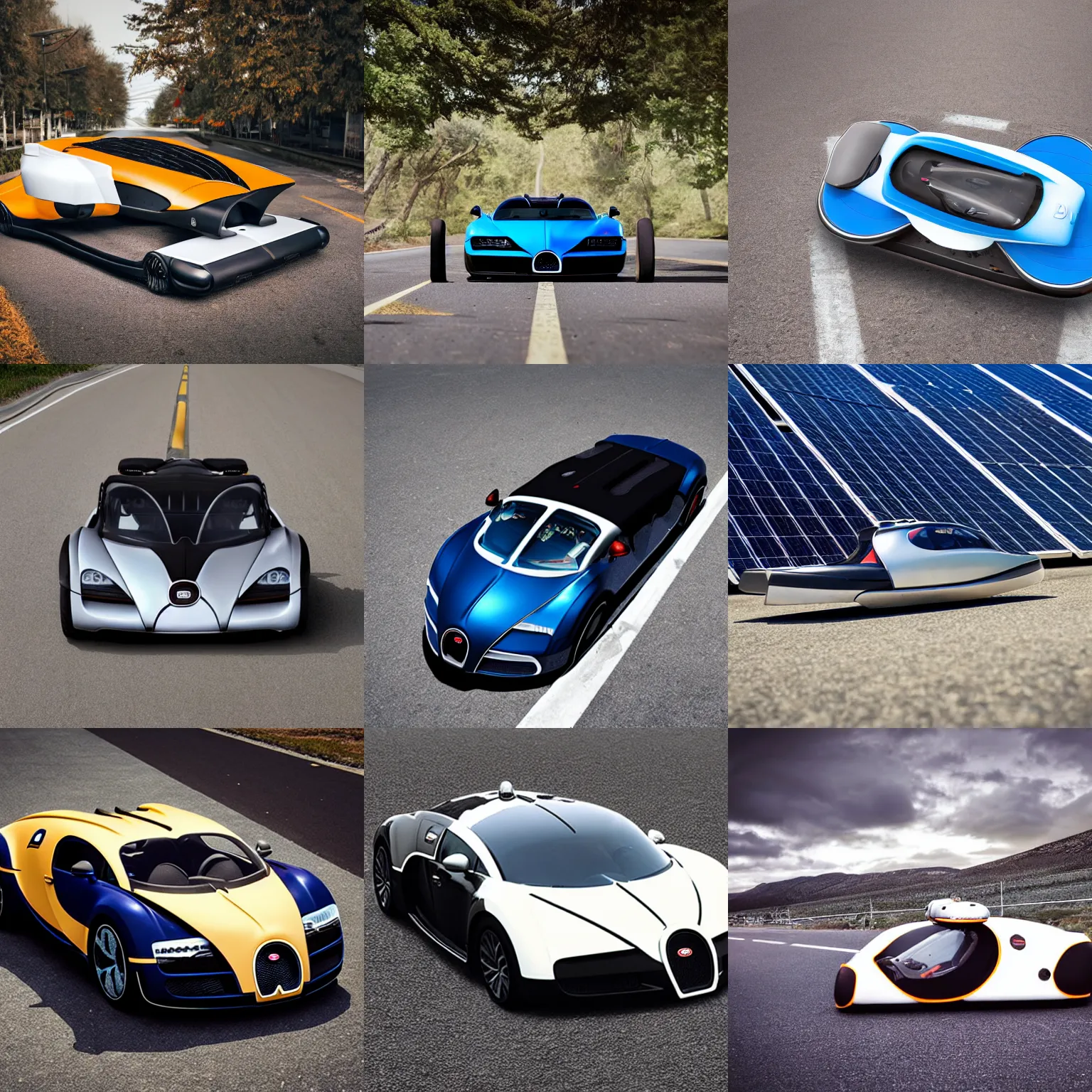 Image similar to bugatti hovercraft hovering above road, solar punk product photo