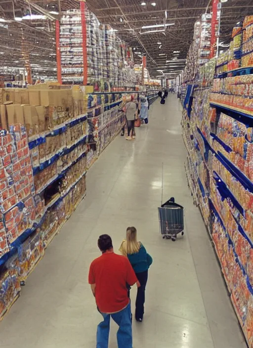 Image similar to first person view. walking through a costco in 1 9 9 7. looking at hands arranged in the shape of a gossett