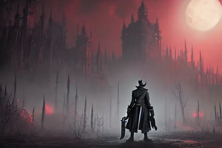 Image similar to an ultra matte painting of a big daddy in the style of bloodborne, concept art by art by john collier and albert aublet and krenz cushart, scary shadows, blood moon eclipse, octane render, liminal space