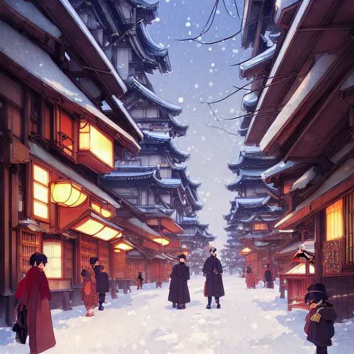 Image similar to japanese big city, winter, in the style of studio ghibli, j. c. leyendecker, greg rutkowski, artem