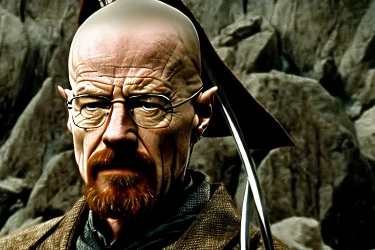 Image similar to film still of walter white as gandalf in the fellowship of the ring, cinematic, movie frame, rule of thirds, 8 k
