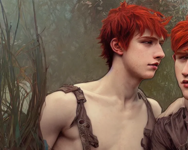 Image similar to portrait of 1 9 - year - old male twins with red hair and freckles, two male, wearing shirts, hyper realistic face, beautiful eyes, fantasy art, in the style of greg rutkowski, intricate, alphonse mucha, hyper detailed, smooth