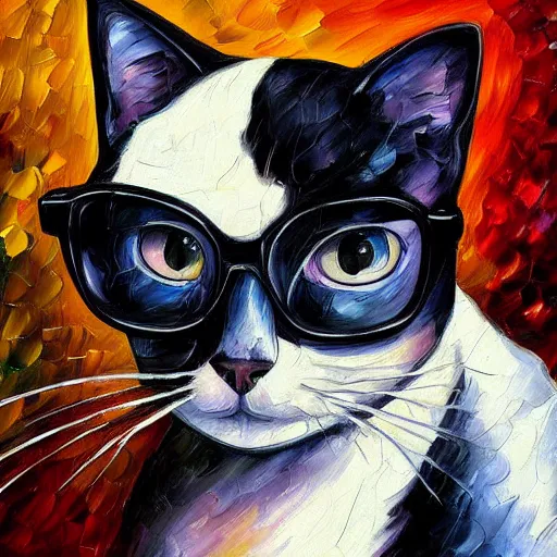 Prompt: portrait painting of a black and white cat wearing a lab coat and safety glasses by Leonid Afremov