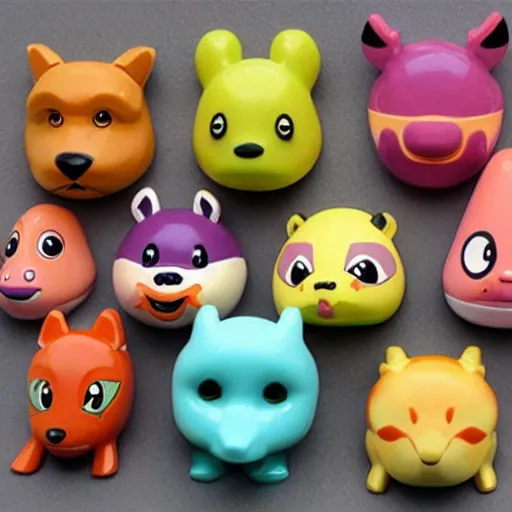 Image similar to some cute plastic toys that look like animal characters, sunset colors