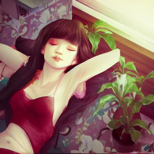 Image similar to lofi hiphop girl lying in bed listening to music by Wenqing Yan, WLOP, Zumidraws, OlchaS Logan cure liang Xing