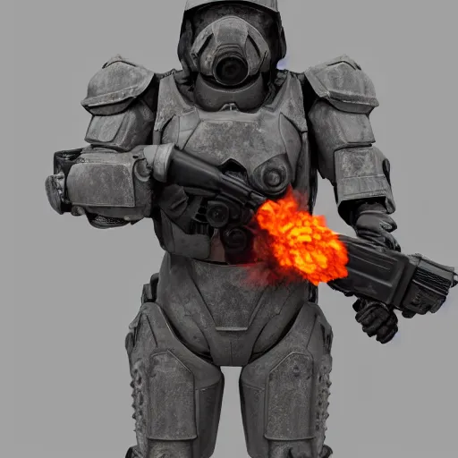 Image similar to a soldier wearing a full set of hellfire advanced power armor and holding a flamethrower, 3 d render, octane, ray tracing, ultra detailed, photorealistic, high resolution, 8 k