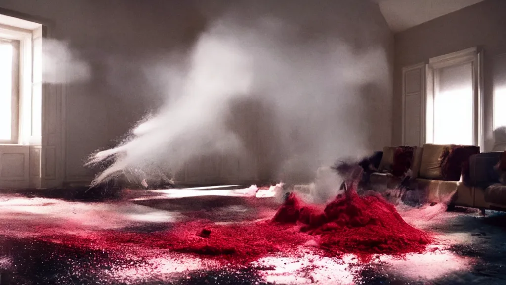 Image similar to colored powder explosion in the living room, film still from the movie directed by Denis Villeneuve with art direction by Salvador Dalí, wide lens