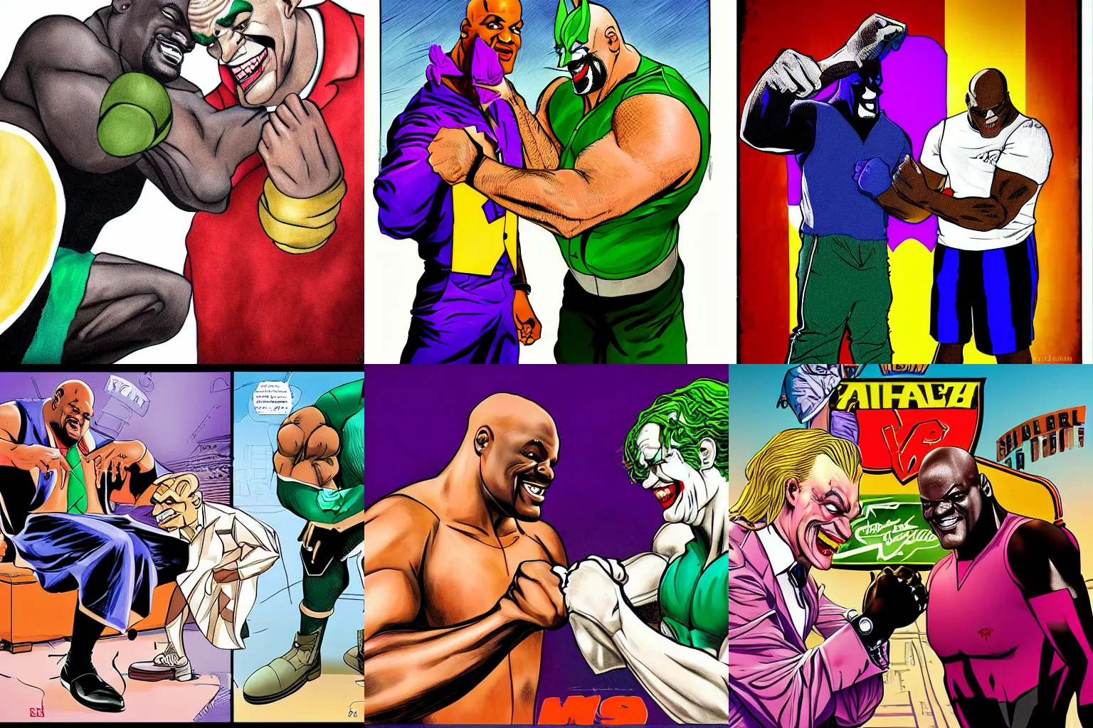 Prompt: Shaq vs The Joker arm wrestle by Billy Ray Hussey