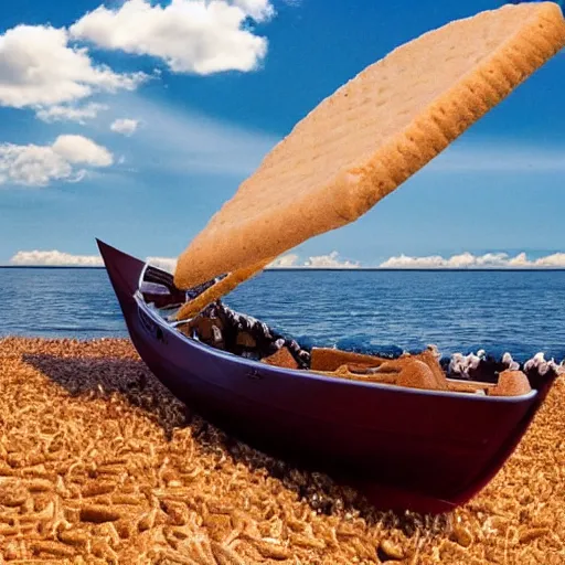 Image similar to a boat made of graham crackers sails across an ocean of hot chocolate, blue sky full of marshmallow clouds, serene, award - winning,