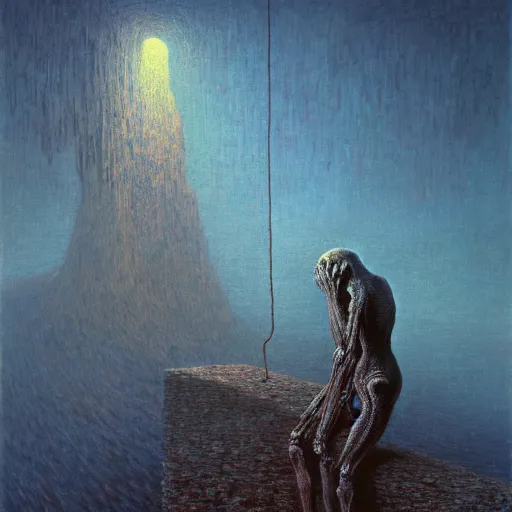 Image similar to A climber that codes A.I. - award-winning digital artwork by Beksinski, Dali, H. R. Giger, and Monet. Stunning lighting