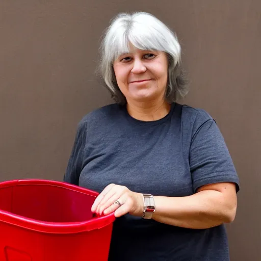 Image similar to a middle aged woman, long grey hair, red shirt, carrying a bucket.